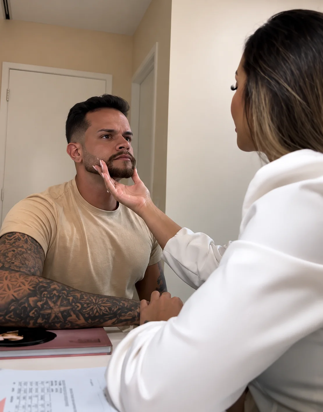 Dra. Barbara Lesley avaliando o rosto de um paciente durante consulta de harmonização facial